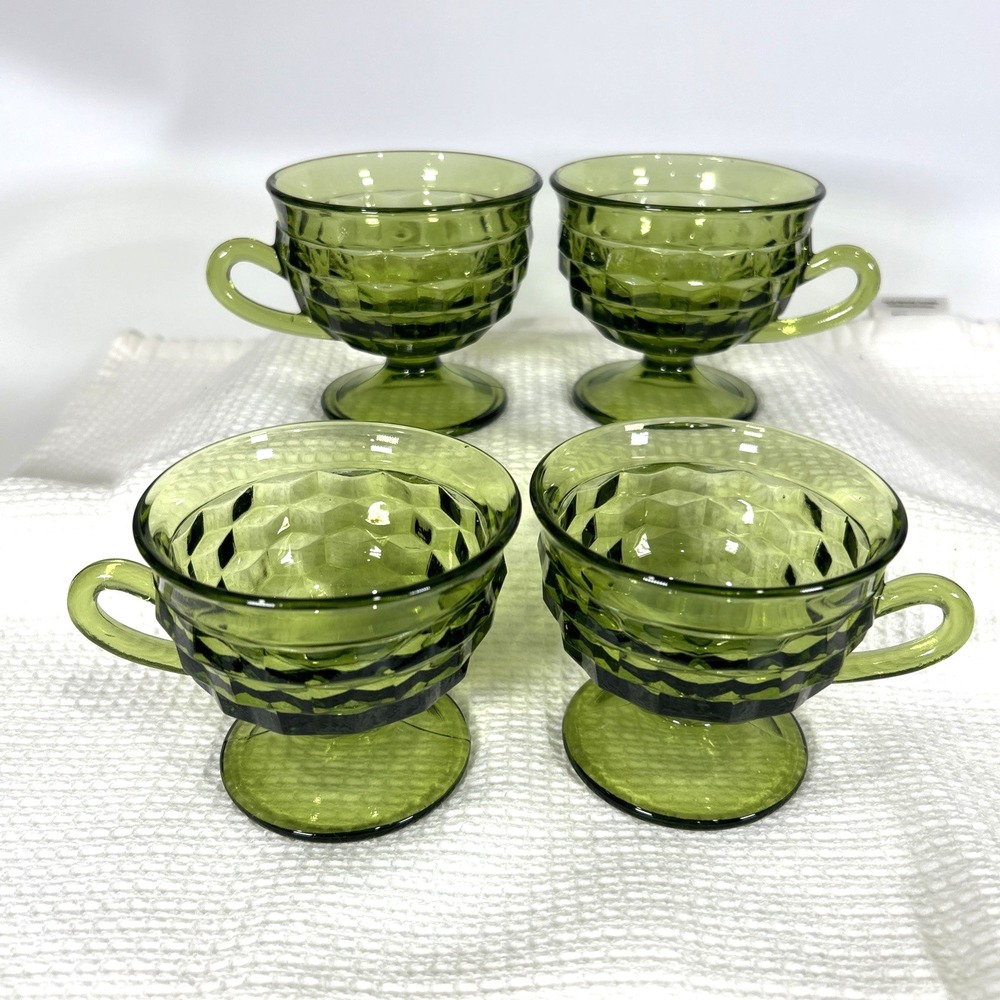 VTG Indiana Glass Avocado Green Whitehall Pedestal 3" Punch Teacups Set of 4
